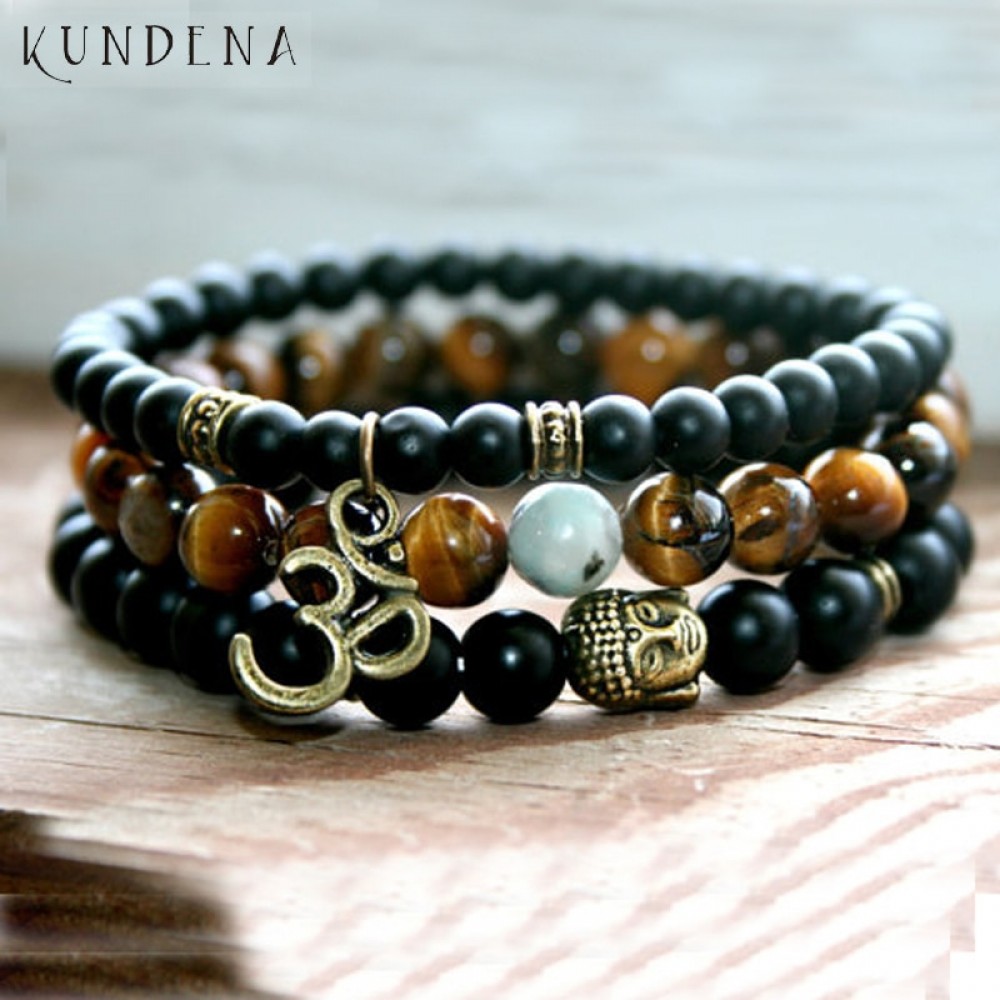 Mala Healing beads Tiger eye Matte Onyx Yoga Bracelets Bronze Buddha Ohm wrist Set of 3 bracelet for Man Gift For Him