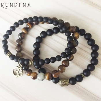 Mala Healing beads Tiger eye Matte Onyx Yoga Bracelets Bronze Buddha Ohm wrist Set of 3 bracelet for Man Gift For Him