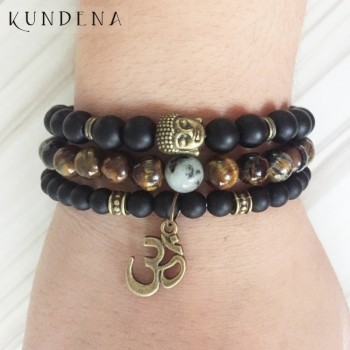 Mala Healing beads Tiger eye Matte Onyx Yoga Bracelets Bronze Buddha Ohm wrist Set of 3 bracelet for Man Gift For Him