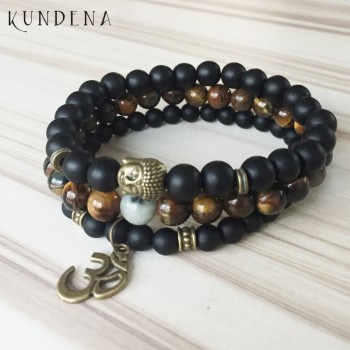 Mala Healing beads Tiger eye Matte Onyx Yoga Bracelets Bronze Buddha Ohm wrist Set of 3 bracelet for Man Gift For Him