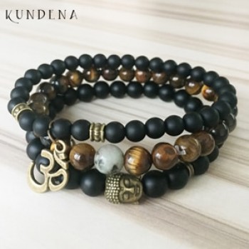 Mala Healing beads Tiger eye Matte Onyx Yoga Bracelets Bronze Buddha Ohm wrist Set of 3 bracelet for Man Gift For Him