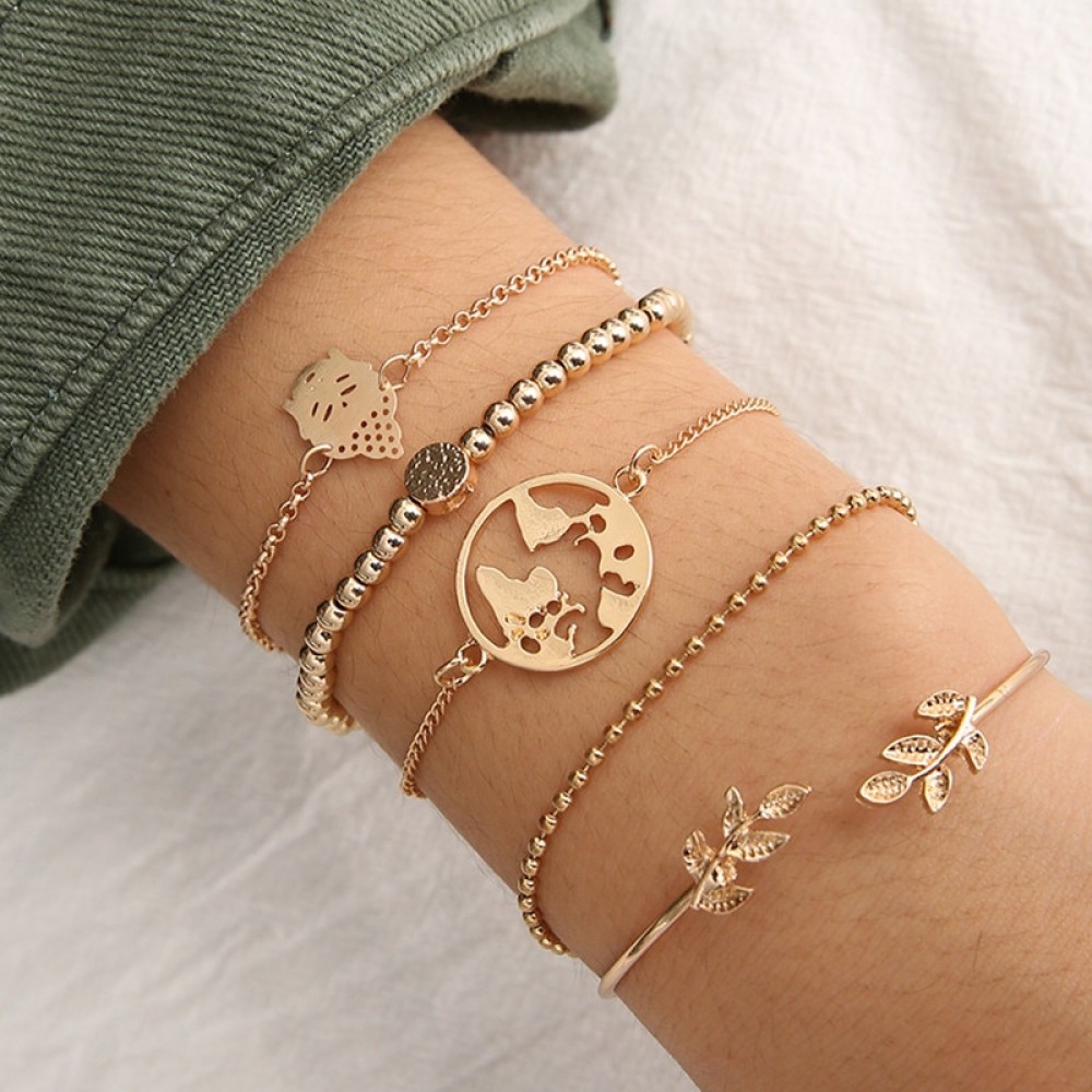 DIEZI Bohemian Vintage Map Ocean Leaves Bracelet Sets Women 2018 New Handmade Gold Metal Chain Bracelets Jewelry Christmas Gift