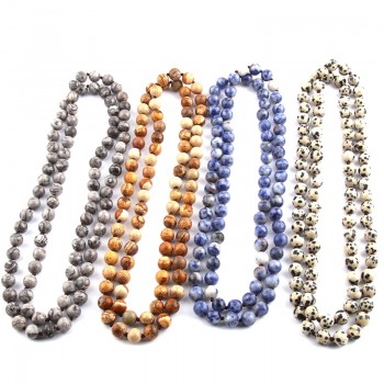 Free Shipping Fashion  Semi Precious Stones Beads Statement Necklaces long Knotted Beads Cross Necklace