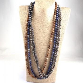 Free Shipping Fashion  Semi Precious Stones Beads Statement Necklaces long Knotted Beads Cross Necklace