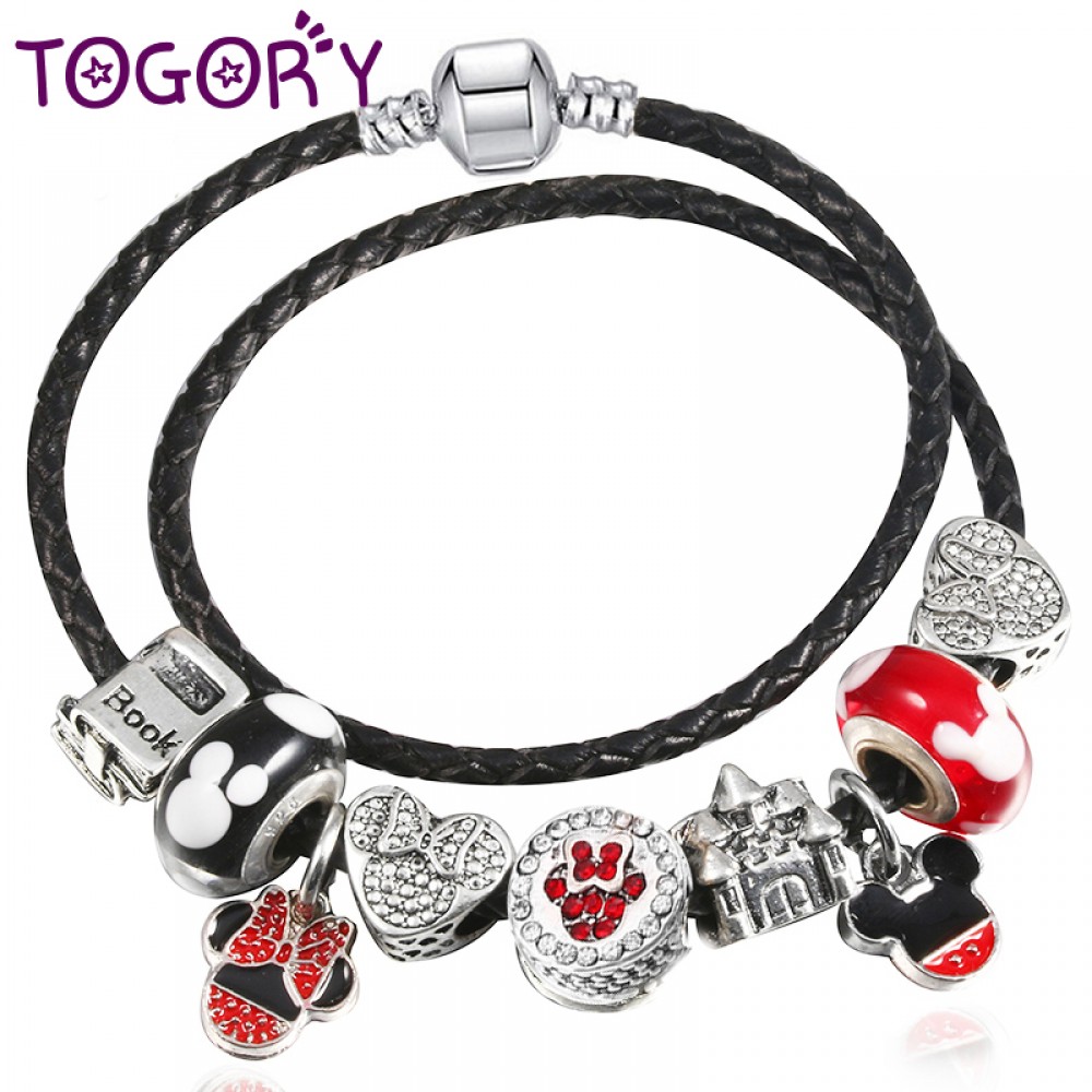 TOGORY Dropshipping Mickey Minie Charm Bracelet Silver Color with Leather Chain amp; Red Beads Fine Bracelet Authentic Jewelry