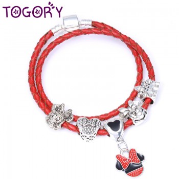 TOGORY Dropshipping Mickey Minie Charm Bracelet Silver Color with Leather Chain amp; Red Beads Fine Bracelet Authentic Jewelry