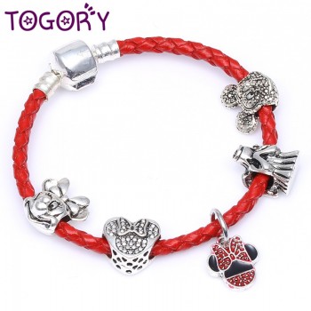 TOGORY Dropshipping Mickey Minie Charm Bracelet Silver Color with Leather Chain amp; Red Beads Fine Bracelet Authentic Jewelry