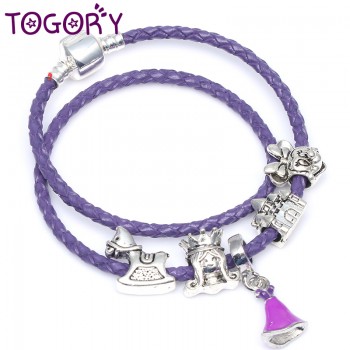 TOGORY Dropshipping Mickey Minie Charm Bracelet Silver Color with Leather Chain amp; Red Beads Fine Bracelet Authentic Jewelry