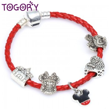 TOGORY Dropshipping Mickey Minie Charm Bracelet Silver Color with Leather Chain amp; Red Beads Fine Bracelet Authentic Jewelry