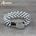 Anslow New Design Creative Brand Top Quality Fashion Jewelry Strand Silver Beads Leather Bracelet Bangles Best Friend LOW0645LB