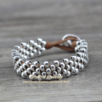 Anslow New Design Creative Brand Top Quality Fashion Jewelry Strand Silver Beads Leather Bracelet Bangles Best Friend LOW0645LB