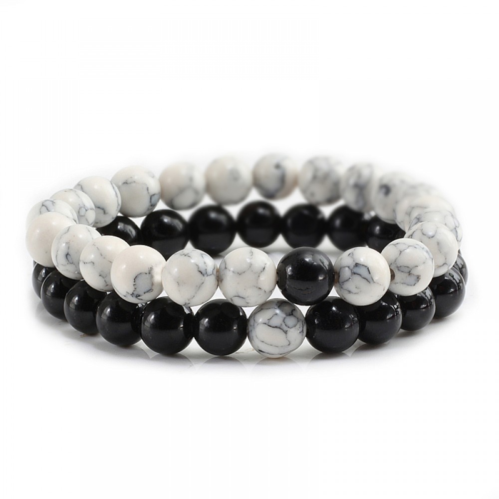 2 Pcs/set Trendy Natural Stone White and Black Yin Yang Beaded Bracelets Charm Beads Strand Couples Friendship Distance Bracelet