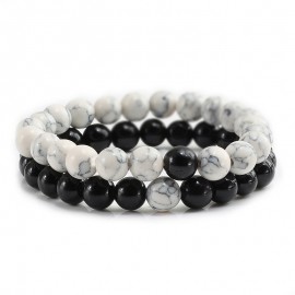 2 Pcs/set Trendy Natural Stone White and Black Yin Yang Beaded Bracelets Charm Beads Strand Couples Friendship Distance Bracelet