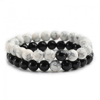 2 Pcs/set Trendy Natural Stone White and Black Yin Yang Beaded Bracelets Charm Beads Strand Couples Friendship Distance Bracelet