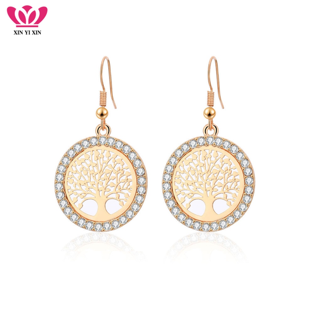 Tree of Life Gold Crystal Drop Earrings Women Hollow Out Tree Pattern Round Earring moda mujer Jewelry 2018 Fashion Pendientes