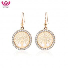 Tree of Life Gold Crystal Drop Earrings Women Hollow Out Tree Pattern Round Earring moda mujer Jewelry 2018 Fashion Pendientes