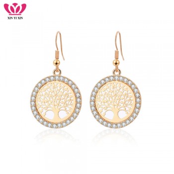 Tree of Life Gold Crystal Drop Earrings Women Hollow Out Tree Pattern Round Earring moda mujer Jewelry 2018 Fashion Pendientes