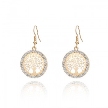 Tree of Life Gold Crystal Drop Earrings Women Hollow Out Tree Pattern Round Earring moda mujer Jewelry 2018 Fashion Pendientes