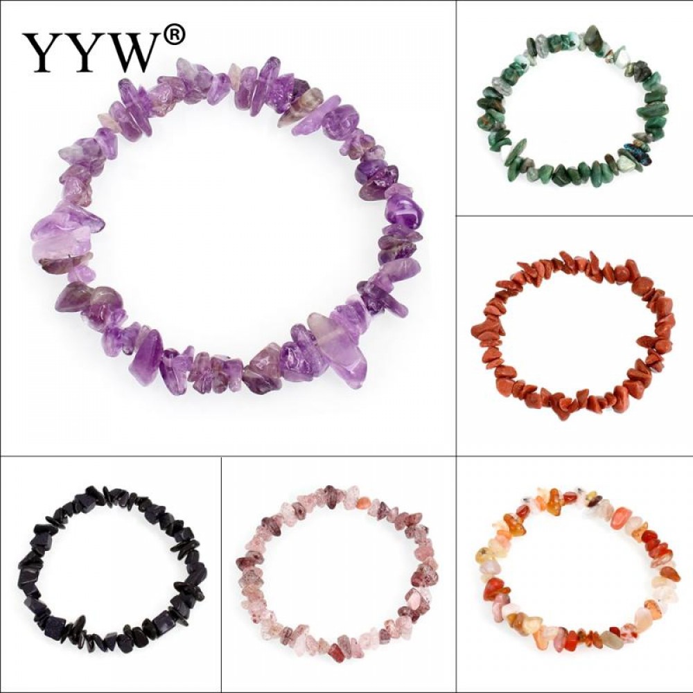 YYW Natural Gems Stone Wristband Bracelets Womens Simple Circle Chips Nuggets Clear Quartz Opal Moonstone Stone Bracelets