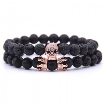 KANGKANG 2PCS/set 8mm Classic Volcanic stone Pave CZ Skull Charm Bracelet For Menamp;Women Bracelets  Jewelry  Pulseras moda 2018
