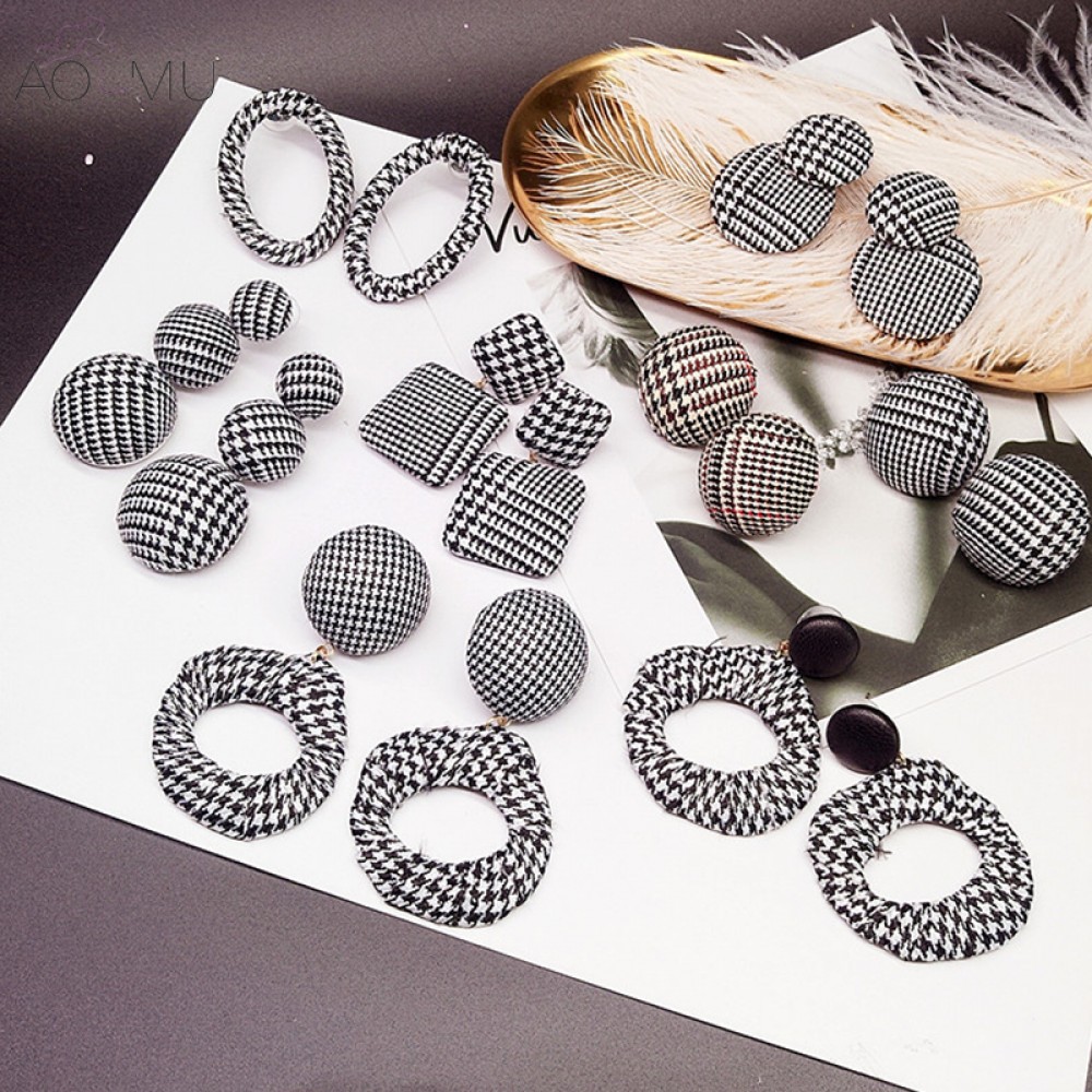 AOMU Vintage Geometric Oval Big Round Circle Houndstooth Plaid Stud Earrings For Women Statement  Cloth Earrings Fabric Jewelry