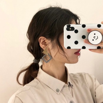 AOMU Vintage Geometric Oval Big Round Circle Houndstooth Plaid Stud Earrings For Women Statement  Cloth Earrings Fabric Jewelry