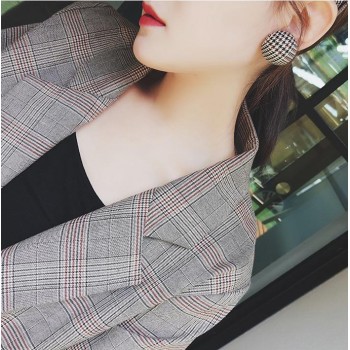 AOMU Vintage Geometric Oval Big Round Circle Houndstooth Plaid Stud Earrings For Women Statement  Cloth Earrings Fabric Jewelry