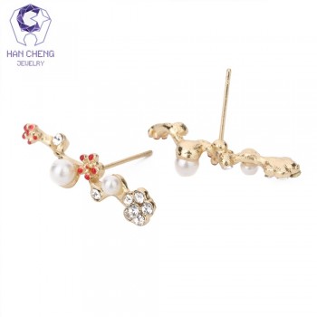 HanCheng New Fashion Creative Branch Flower Golden Plated Nail Rhinestone Pearl Stud Earrings For Women Jewelry brincos bijoux
