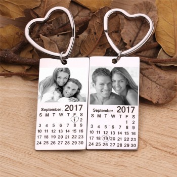 free shipping personalized customize photo calendar keychain love date gift stainless steel souvenir keychains Heart keyring