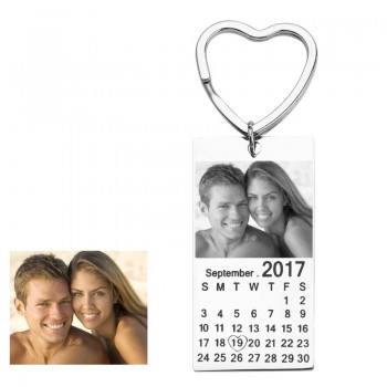 free shipping personalized customize photo calendar keychain love date gift stainless steel souvenir keychains Heart keyring