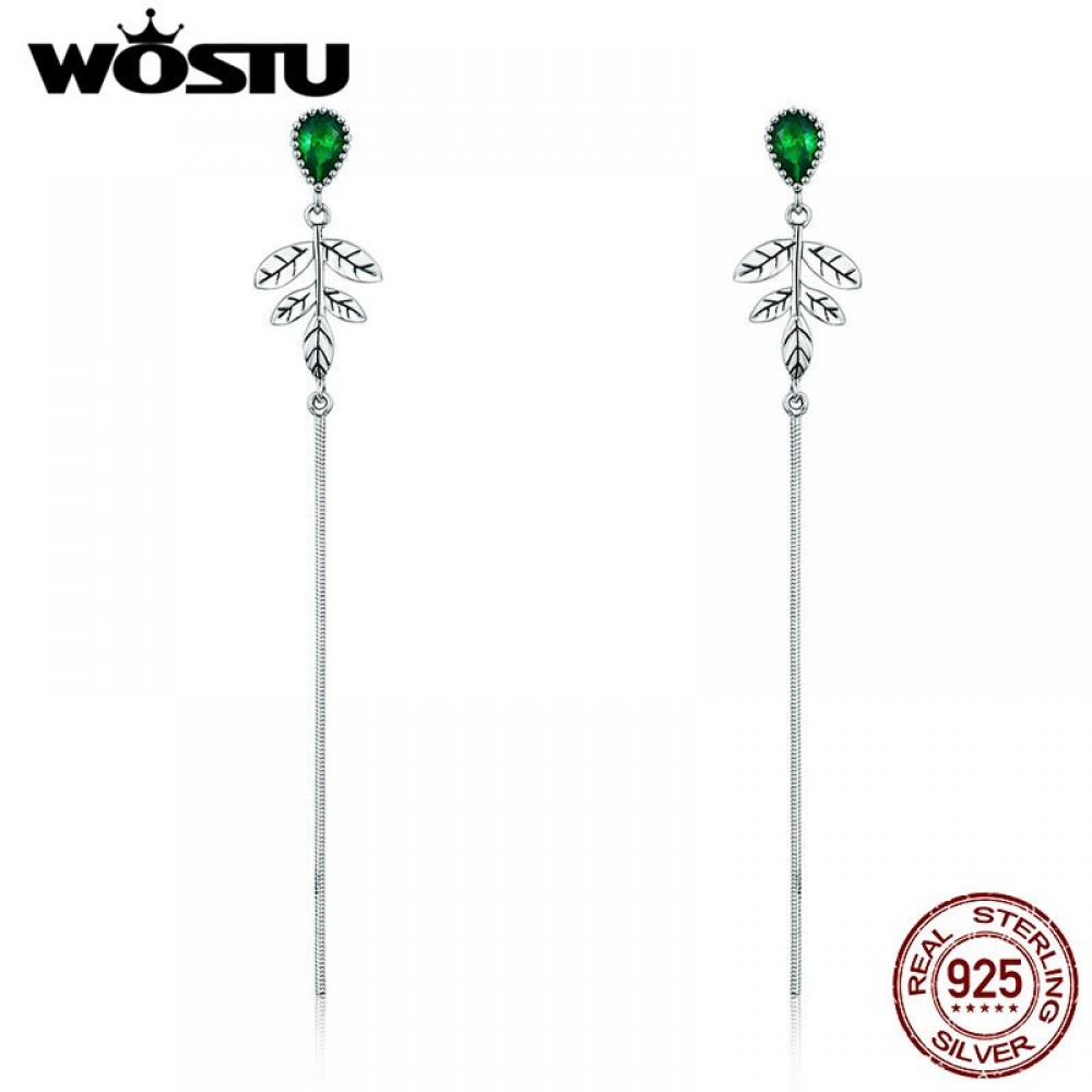 WOSTU Hot Sale Real 925 Sterling Silver Tree Leaves, Green CZ Drop Earrings for Women Fashion Brand Jewelry Gift FIE333