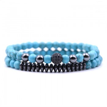 2Pcs/Set Micro mosaic 8mm black  ball Bracelet  6mm Natural Stone 5 colors collocation Beaded Bracelets for Men Women Classic