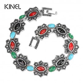 Kinel Hot Unique Charm Cuff Bracelets For Women Mosaic Resin Crystal Flowers Silver Color Vintage Jewelry