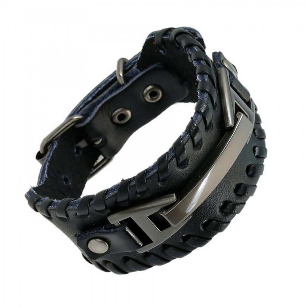 Punk Male Bracelet Wide Genuine Cowhide Leather Cuff Bracelet Wristband Wrap Titanium Plated Mens Bangles Belt Buckle Jewelry