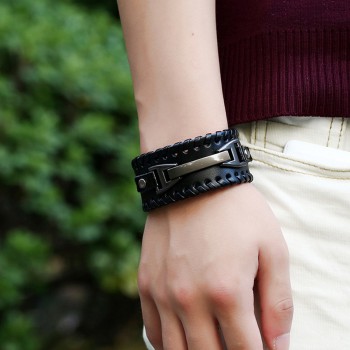 Punk Male Bracelet Wide Genuine Cowhide Leather Cuff Bracelet Wristband Wrap Titanium Plated Mens Bangles Belt Buckle Jewelry