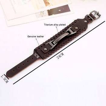 Punk Male Bracelet Wide Genuine Cowhide Leather Cuff Bracelet Wristband Wrap Titanium Plated Mens Bangles Belt Buckle Jewelry