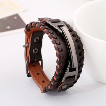Punk Male Bracelet Wide Genuine Cowhide Leather Cuff Bracelet Wristband Wrap Titanium Plated Mens Bangles Belt Buckle Jewelry