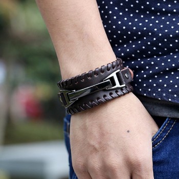 Punk Male Bracelet Wide Genuine Cowhide Leather Cuff Bracelet Wristband Wrap Titanium Plated Mens Bangles Belt Buckle Jewelry