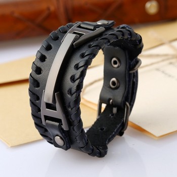 Punk Male Bracelet Wide Genuine Cowhide Leather Cuff Bracelet Wristband Wrap Titanium Plated Mens Bangles Belt Buckle Jewelry