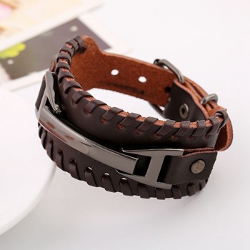 Punk Male Bracelet Wide Genuine Cowhide Leather Cuff Bracelet Wristband Wrap Titanium Plated Mens Bangles Belt Buckle Jewelry