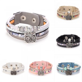2018 New Women Bohemian Multilayer Leather Woven Bracelets Fashion Crystal Owl Knit Leather Handmade Wrap Cuff Wristband Jewelry