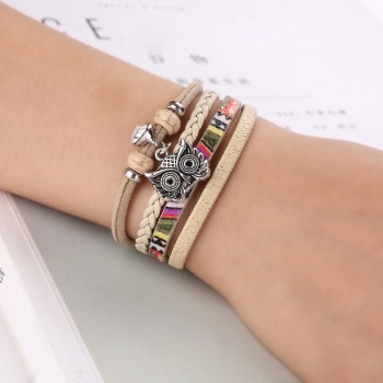 2018 New Women Bohemian Multilayer Leather Woven Bracelets Fashion Crystal Owl Knit Leather Handmade Wrap Cuff Wristband Jewelry