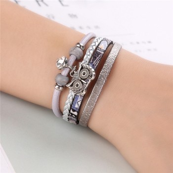 2018 New Women Bohemian Multilayer Leather Woven Bracelets Fashion Crystal Owl Knit Leather Handmade Wrap Cuff Wristband Jewelry