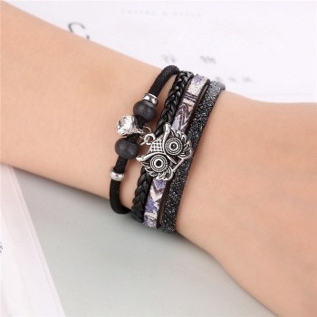 2018 New Women Bohemian Multilayer Leather Woven Bracelets Fashion Crystal Owl Knit Leather Handmade Wrap Cuff Wristband Jewelry