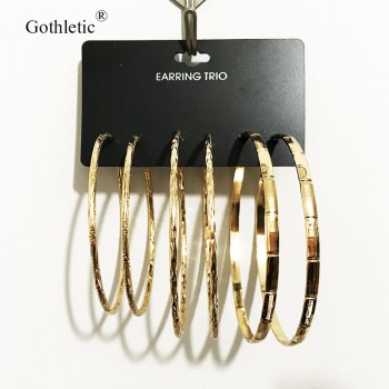 Gothletic Multi Pack Hoop Earrings 3prs/Set 60/65/75MM Big Textured Metal Round Circle Earrings for Women Brinco Fashion Jewelry