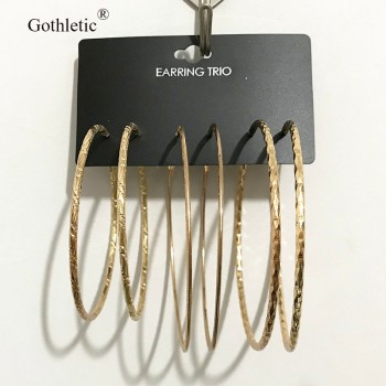 Gothletic Multi Pack Hoop Earrings 3prs/Set 60/65/75MM Big Textured Metal Round Circle Earrings for Women Brinco Fashion Jewelry