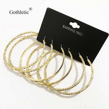 Gothletic Multi Pack Hoop Earrings 3prs/Set 60/65/75MM Big Textured Metal Round Circle Earrings for Women Brinco Fashion Jewelry