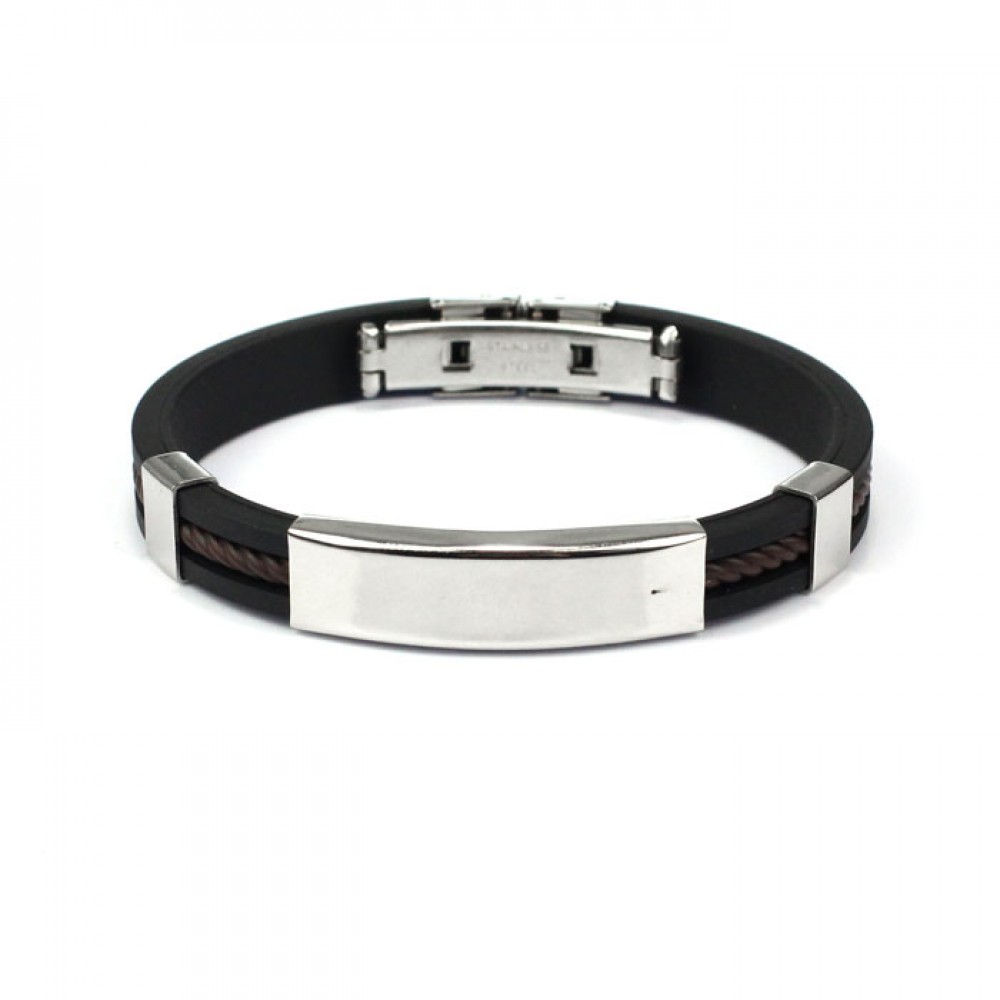 Fashion Punk Men Bracelet Stainless Steel Cuff Bangle Silver Hand Chain Black Silicon Wristband Steel Rubber Bracelets pulsera