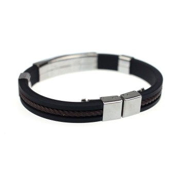 Fashion Punk Men Bracelet Stainless Steel Cuff Bangle Silver Hand Chain Black Silicon Wristband Steel Rubber Bracelets pulsera