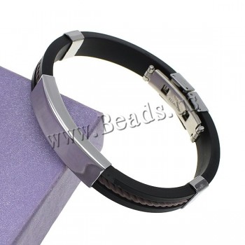 Fashion Punk Men Bracelet Stainless Steel Cuff Bangle Silver Hand Chain Black Silicon Wristband Steel Rubber Bracelets pulsera
